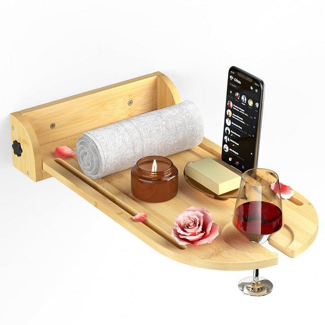 Yumkfoi Wall Mounted Bathtub Tray Table, Bamboo Bath Tray Caddy for Tub Against Wall, Floating Bath Table Tray Shelf Tub Organizer for Luxury Spa, Gift for House Warming New Home Anniversary Wedding
