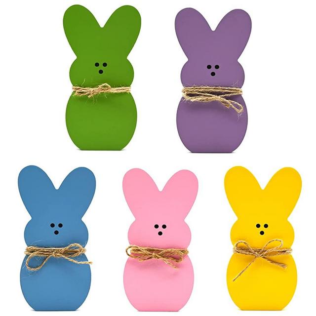 Easter Bunny Decor, 5 Easter Bunny Peeps Tiered Tray Sign Set Centerpieces Wooden Spring Rabbit Shaped Table Decorations for Office Dining Room Mantle Home Wood Rustic Farmhouse Party Supplies
