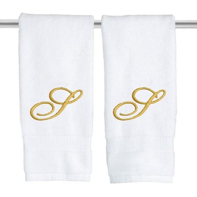 White Monogrammed Hand Towels for Bathroom - Luxury Hotel Quality Personalized Initial Embroidered Towel for Powder Room, Spa - GOTS Organic Certified - Set of 2 Gold Letter S