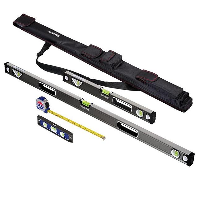 WORKPRO W002901A 4-Piece Measuring Tool Set, Torpedo, Spirit Level, Tape Measure with Carrying Bag