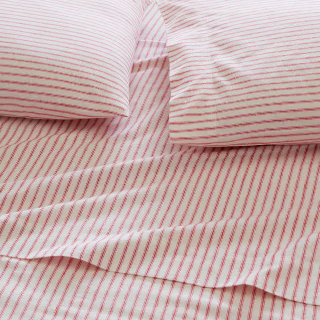 Cozy Ticking Organic-Cotton Flannel Sheets - queen fitted and pillowcases