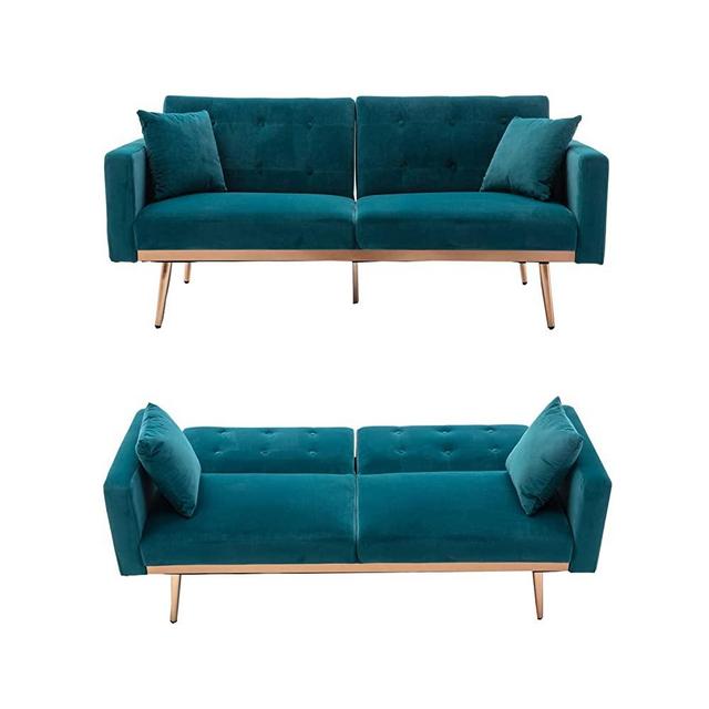 Velvet 3 Seat Sofa with Gold Legs, Modern Tufted Fabric Couch with 2 Small Pillows, Modern Loveseat Sofa Futon Sofa Bed, for Living Room and Bedroom (Teal)