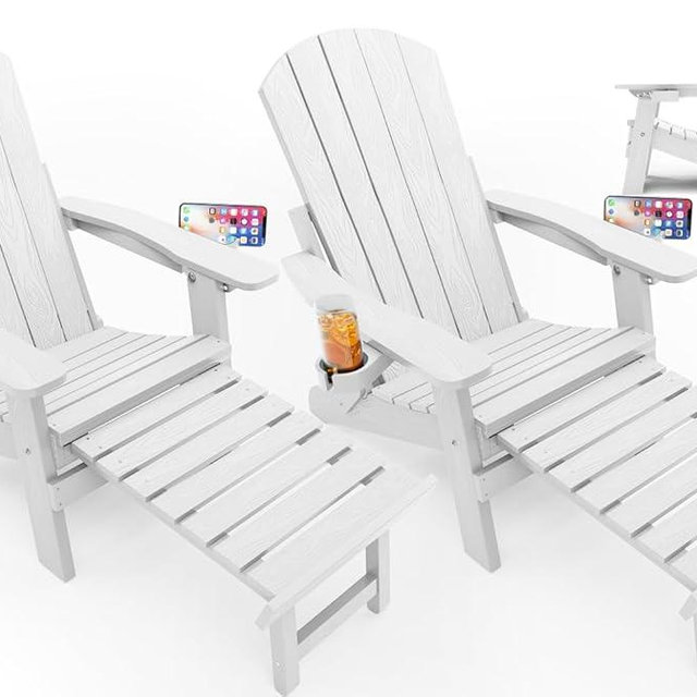 YEFU Adirondack Chair with Retractable Ottoman: Folding Adirondack Chairs Set of 2-5-Level Adjustable Backrest with Footrest - Fire Pit Chairs - 2 Cup Holder - Outdoor Plastic Chair for Patio(White)