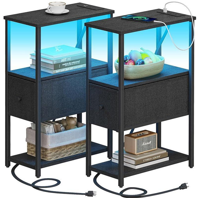 TUTOTAK Small Narrow LED End Table with Charging Station, Side Table Outlets, Nightstand with Cloth Drawer, Set of 2, Couch Table, for Living Room, Bedroom, Bedside, Black TB01BK059