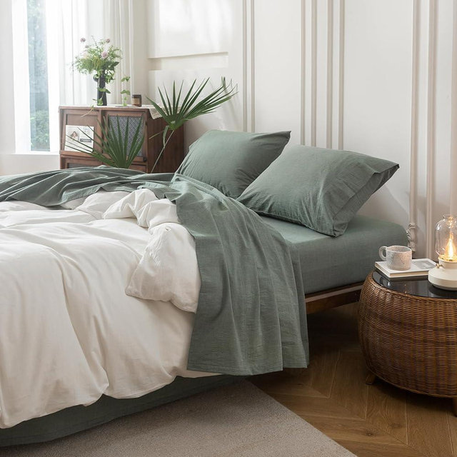 BDEAR 4PS Heathered Green King Size Bedding Set, Oeko-TEX Standard 100% Washed Cotton Linen Like Bedding Sheet Sets Cover Deep Pocket Fitted Sheet Plus Cozy Flat Sheet and 2 Pillowcases