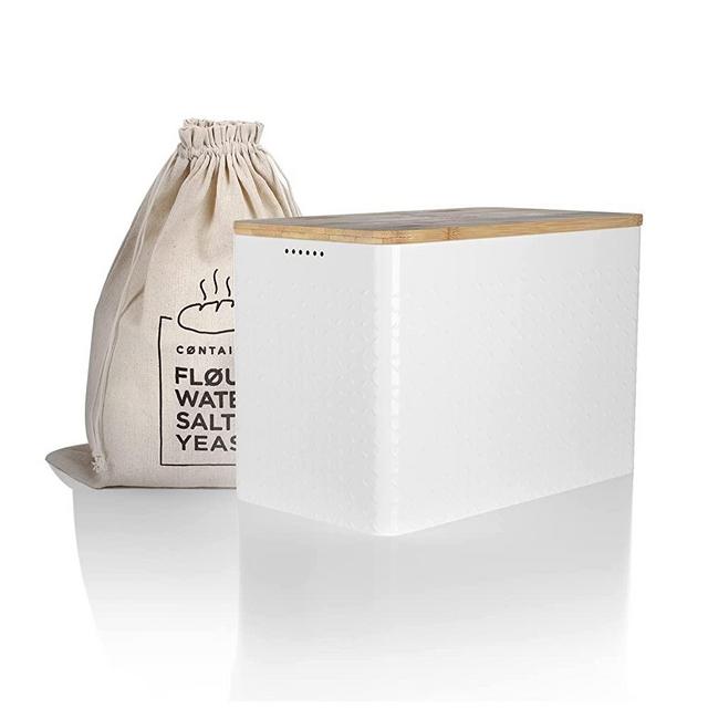 LARS NYSØM Bread Box I Bread Bin with Linen Bread Bag for Long-Lasting Freshness I Bread Box with Bamboo Lid Usable as Cutting Board I 13.4x7.3x9.5 in