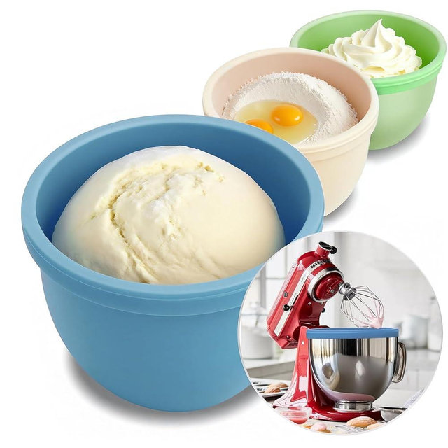 GuanQiao Silicone Bowl Liners for 5 Qt KitchenAid Mixers, 3 Liners with Lids, Blue/Beige/Green