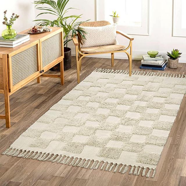 Lahome Boho Bedroom Rug, 4x6 Beige Living Room Rug Washable Farmhouse Office Dining Room Rug with Tassels, Non-Shedding Checkered Tufted Throw Rug Indoor Carpet for Nusery Dorm Laundry