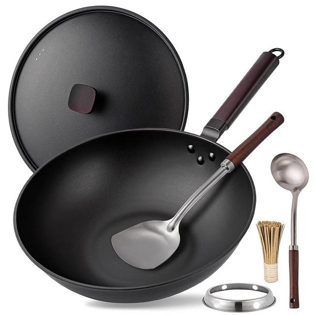 Carbon Steel Wok Pan - 12.9” Wok Pan with Lid, Woks & Stir-fry Pans, No Chemical Coated Chinese Wok with 4 Cookware Accessories Flat Bottom Wok for Induction, Electric, Gas, All Stoves