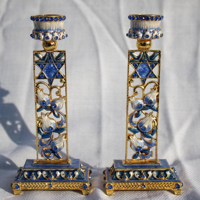 Handpainted Shabbat Candlesticks Pair Blue Star of David and Floral - Pewter & Enamel - 5 1/2 Inches