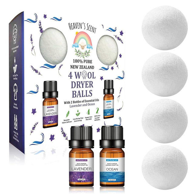 Heaven's Scent Wool Dryer Balls w/Essential Oils Bundle - Reusable, Organic, Handmade & Hypoallergenic XL Size | Eco-Friendly, Natural Fabric Softener | Ocean & Lavender Oil, White