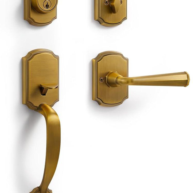 SORWDUERM 1 Pack Antique Brass Front Door Handle and Deadbolt Set Reversible Lever Entry Lock Handleset with Key Single Cylinder