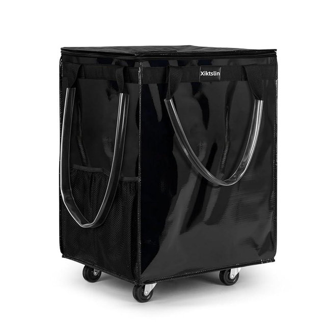 (Large, Black) Reusable Grocery Bag on 5 Wheels, Foldable Rolling Tote Carries Up to 76lb Shopping Trolley, Rolling Bag with 3 Handles, Zipper Clouser Rolling Tote Bag with Wheels for Laundry