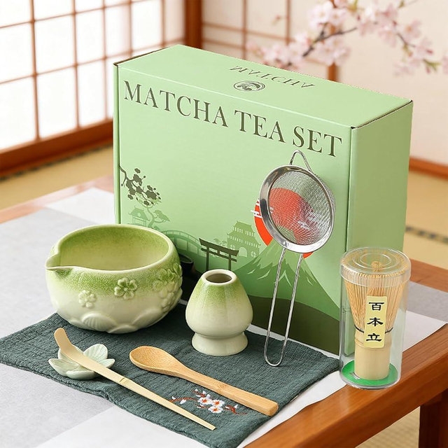 8 PCS Matcha Whisk Set, Green Matcha Kit Set WithCherry Blossom Embossed Pattern Includes Bowl with Spout, Bamboo Whisk, Ceramic Holder, Bamboo Scoop x2, Scoop Rest, Stainless Sifter and Tea Towel