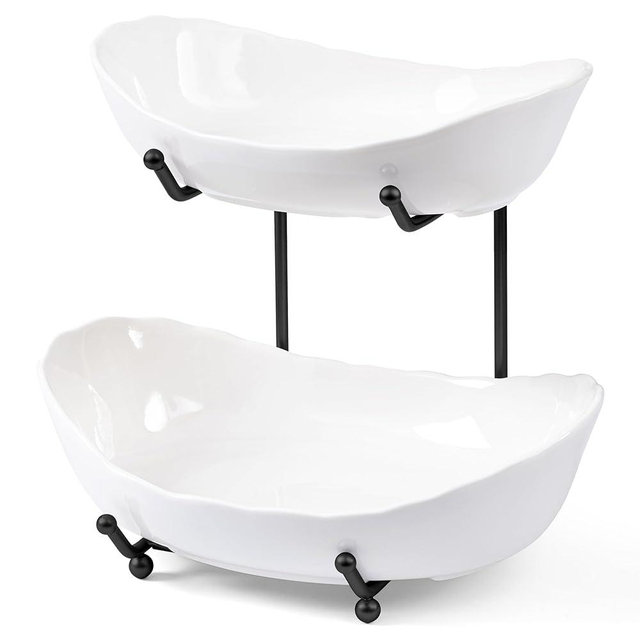 HBlife Fruit Bowl for Kitchen Counter - 2 Tier Ceramic Fruit Rack, Fruit Basket for Fresh Fruit&Veggies, Tiered Party Platters and Trays
