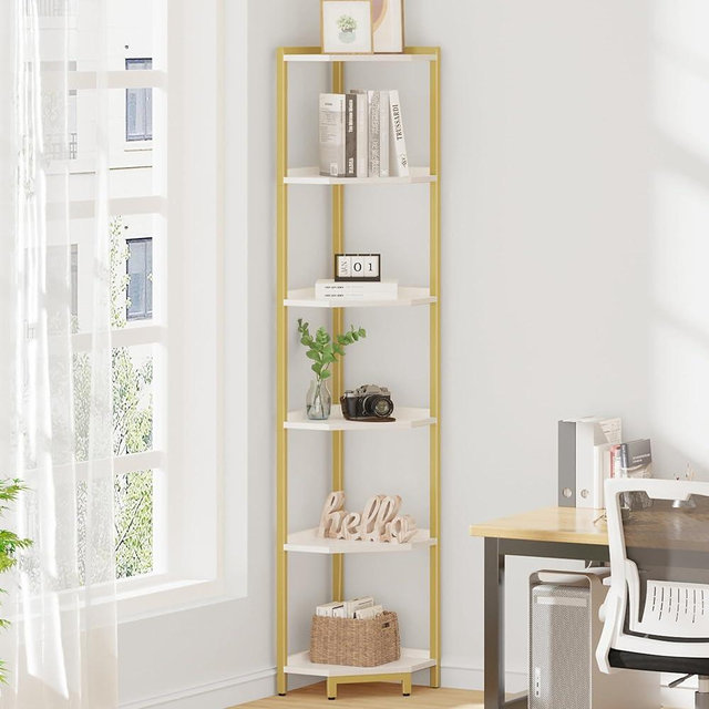 Hzuaneri Corner Shelf Stand, Corner Bookshelf, Storage Standing Shelf Unit with Metal Frame, Plant Stand, Corner Bookcase for Living Room, Home Office, Bedroom, 6-Tier White Gold CS06003A