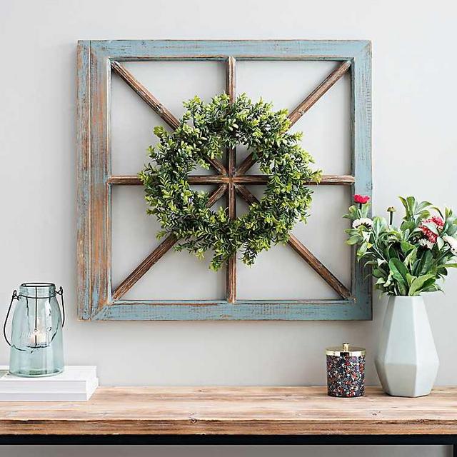 Blue X-Frame Plaque with Boxwood Wreath