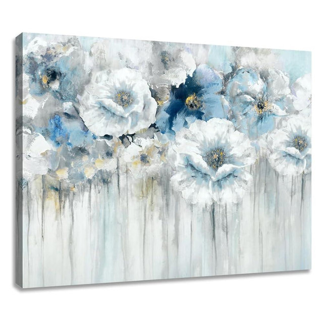 Woxfcart Bathroom Flower Canvas Wall Art White Floral with Gold Decorations for Blue Living Room Bedroom Decor 15" x 12"