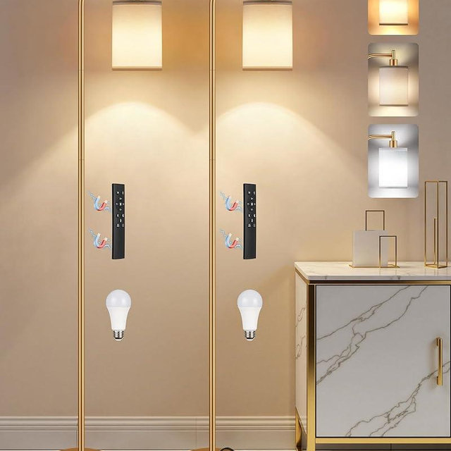 GOEBLESON 2Pack Dimmable Floor Lamp for Living Room with Remote and Foot Switch, Modern Standing, Corner Lamp,10W Bulb 3 Color Temperatures, for Bedroom, Office, ETL Listed, Gold and White DCW19LDP205