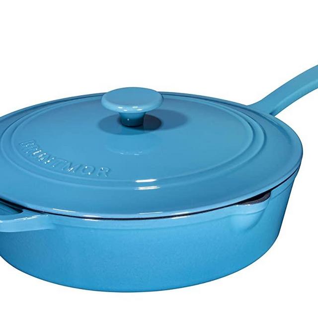 Enameled Cast Iron Skillet Deep Sauté Pan with Lid, 12 Inch, Turquoise Blue with Enameled Black Interior, Superior Heat Retention
