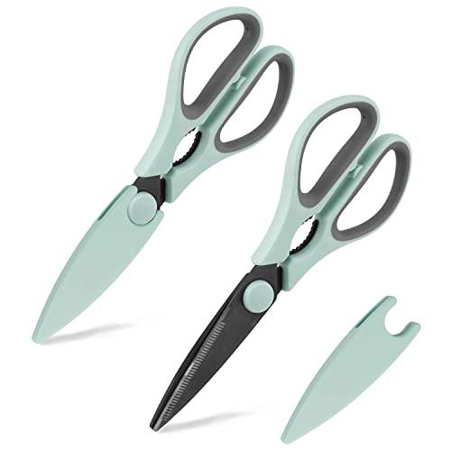 Country Kitchen Set of 2 Kitchen Scissors, Stainless Steel Kitchen Shears, Cooking Scissors for Cutting Meat, Chicken, Herbs and Produce with Blade Cover and Soft Grip Handles - Mint Green