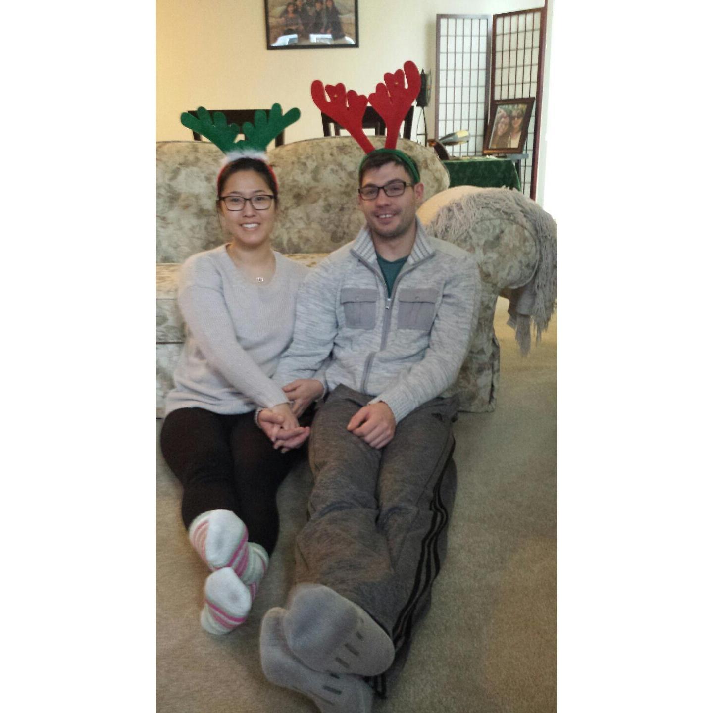 Wearing matching head pieces in the spirit of Christmas!