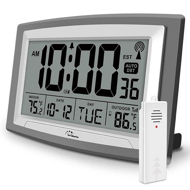 WallarGe Atomic Clock with Outdoor and Indoor Temperature - Self-Setting Alarm Day Digital Clock Large Dispaly,10" Battery Operated Wall Clocks or Desk Clocks for Bedroom,Livingroom,Office,