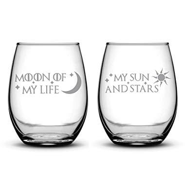 Integrity Bottles Premium Game of Thrones Wine Glasses, Set of 2, Moon of My Life, My Sun and Stars, Hand Etched 14.2oz Stemless Gifts, Made in USA, Sand Carved