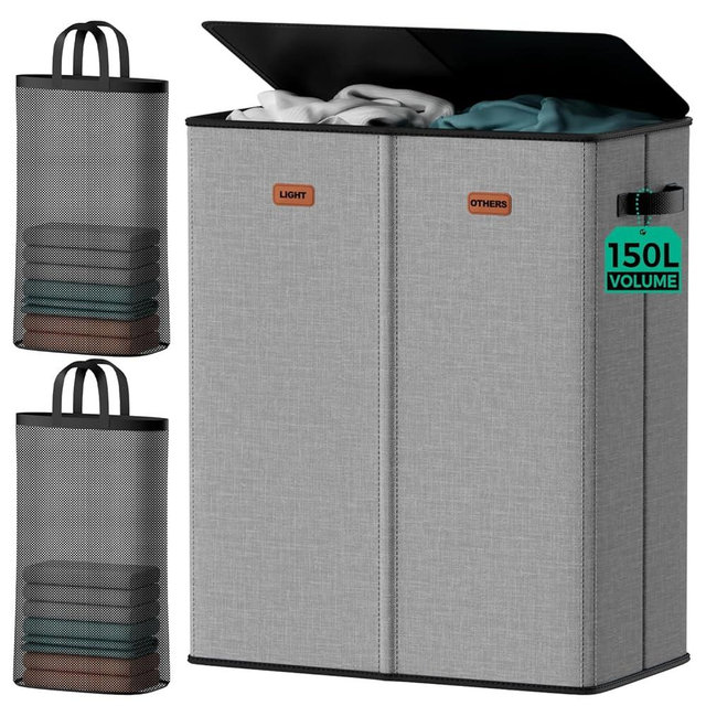 MECINFUL 150L Dual-Compartment Laundry Hamper with Lid & Removable Inner Bag – Large 2-Section Clothes Hamper for Home, Dorm & Laundry Room