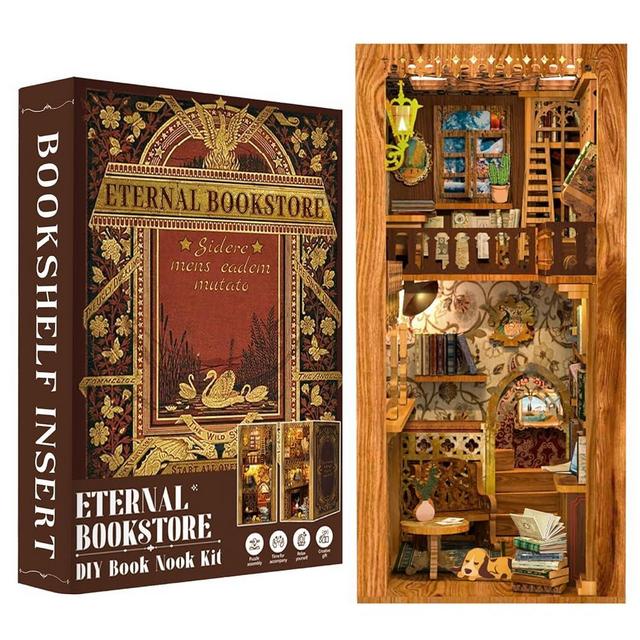 Fsolis Book Nook Kit, DIY Miniature House Room Kit for Adults Activity Puzzle Bookshelf Decorations Gifts for Women and Craft Lovers(Eternal Bookstore)