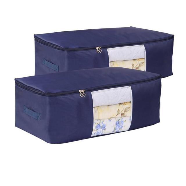 Blanket Storage Bags Pillow Bedspread Bedding Clothes Organizer Storage Containers With Zippers Breathable and Moistureproof. (Navy blue 2pcs, L)