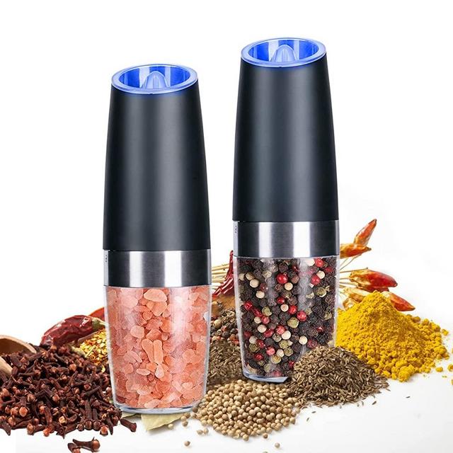 2 Pack Gravity Electric Salt and Pepper Grinder Set Automatic Battery Powered Salt Mill, Adjustable Coarseness, with Blue LED Light, One Hand Operated