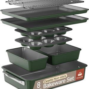Bakken 8-Piece Ceramic Coated Bakeware Sets, Nonstick Aluminized Steel Pans with Muffin, Loaf, Cake, Roasting Pan, & Cooling Rack, Oven Safe Up To 500°F, Dishwasher Safe, BPA, PTFE & PFAS Free, Green