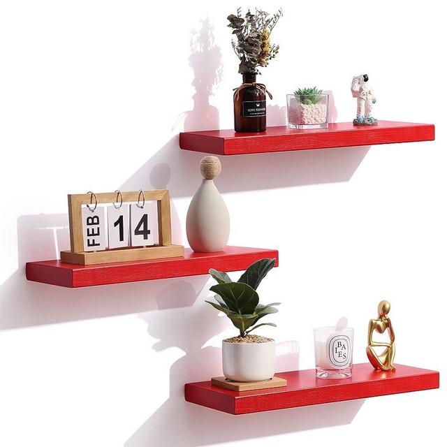 Floating Shelves, Solid Wood Wall Mounted Shelves with Invisible Brackets for Bedroom Living Room Bathroom Kitchen, Shelves for Wall Decor Storage Set of 3, Red