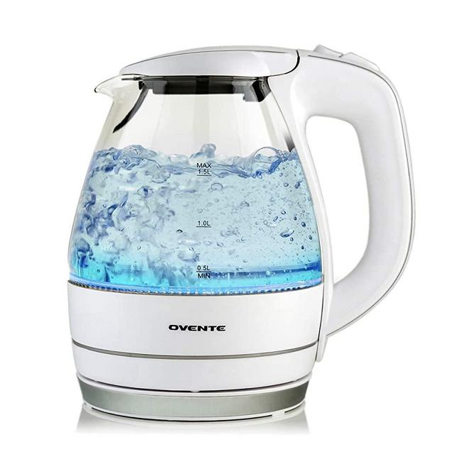 Ovente Electric Hot Water Portable Glass Kettle with Filter 1.5 Liter Stainless Steel Base Countertop Teapot & Auto Shutoff BPA-Free Fast Heating, Boil Dry Protection, Brew Coffee & Tea, White KG83W