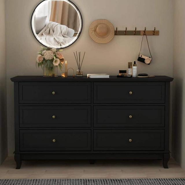 6-Drawers Black Wood Chest of Drawer Storage Cabinet Organizer 55.1 in. W x 15.7 in. D x 31.5 in. H