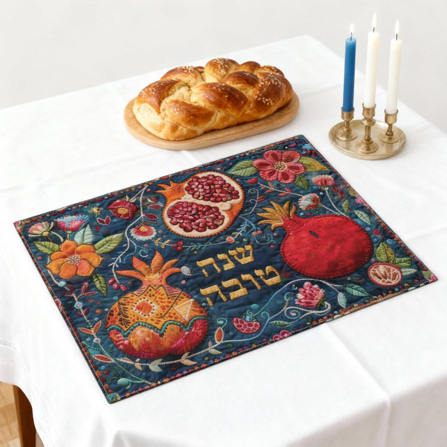 Challah Cover, Jewish Folk Art Shabbat Print Cover, Original Faux Patchwork Art, Jewish Art Gift, Shanah Tovah, Cotton, Rosh Hashanah