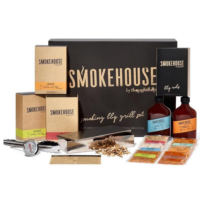 Smokehouse by Thoughtfully, Smoking BBQ Grill Set, Includes 3 Types of Wood Chips, Smoker Box, 2 Sauces and 6 Rubs, Thermometer, Tongs and Grill Guide