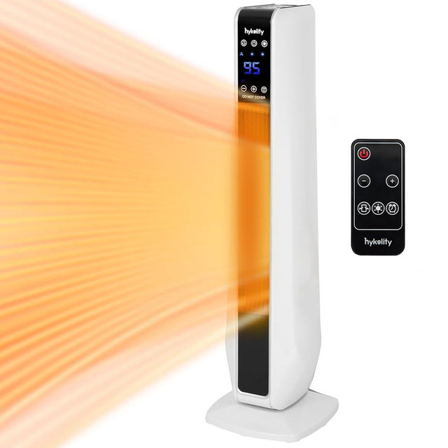 Hykolity 1500W Oscillating Ceramic Space Heater with Remote, 3 Modes Indoor Electric Tower Heater with Timer and Thermostat, Overheating & Tip-Over Protection, 29in. White