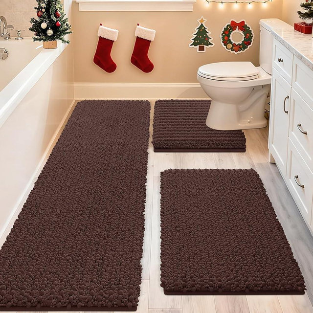 ACCUMTEK Upgrade Extra Large Brown Bathroom Rug Set 3 Pieces Ultra Soft, Thick Absorbent Bath Mats, Non Slip Chenille Toilet Mat for Bathroom, Bedroom, Kitchen, Dark Coffee
