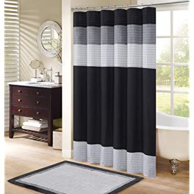 Comfort Spaces Windsor Bathroom Shower Pieced Ruffle Pattern Modern Elegant Microfiber Fabric Bath Curtains, 72"x72", Black Grey