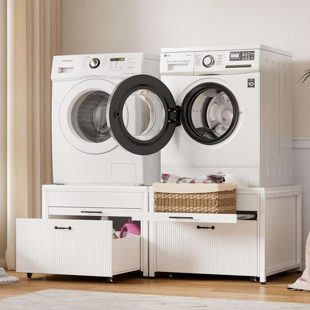 PAKASEPT 2 Pack Washer and Dryer Pedestals, 29" Heavy Duty Washer Dryer Pedestal,Universal Laundry Pedestal for Washer and Dryer with Laundry Basket Adjustable Feet and Built-in Drain Pan + Hose
