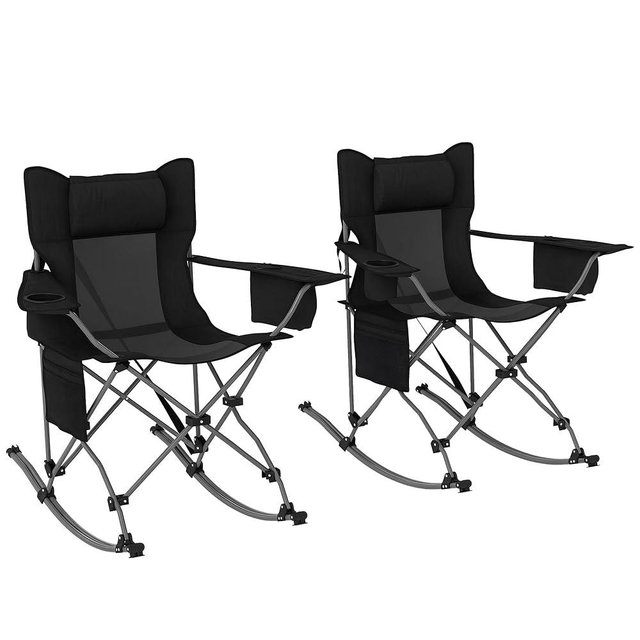 Outsunny Folding Rocking Camping Chairs for Adults, Portable Outdoor Rocking Chairs with Headrest, Cooler Bag, Cup Holder, Carry Bag for Picnic Outside and Outdoor Travel, 2 Pack, Black