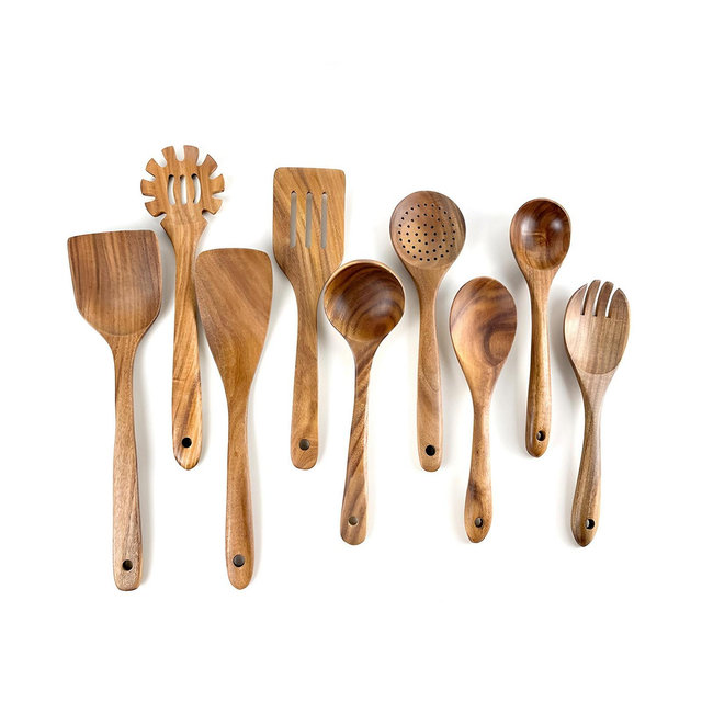 SUGIFT 9-Piece Natural Teak Wooden Kitchen Utensils Set