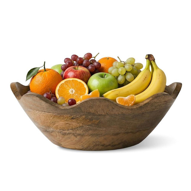 Mela Artisans 12 in Wide x 4 in Tall Scalloped Acacia Wood Salad Bowl – Decorative Serving and Fruit Bowl with Natural Finish for Kitchen Counter, Pasta, Bread & Home Decor