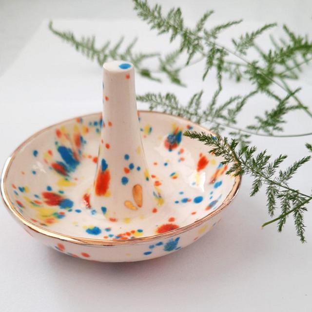 Ring Holder - Handmade Ceramic Ring Stand With Jewellry Plate | Orange, Light Blue and Yellow Dots