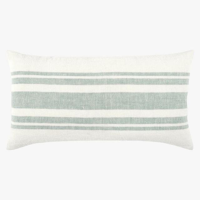 Sens Belgian Flax Linen Striped Lumbar Throw Pillow, 14" x 26", Eucalyptus