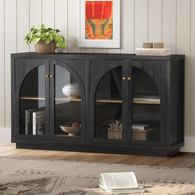 EYYTHUNG Storage Cabinet with 4 Doors, Arched Sideboard Buffet Cabinet with Adjustable Shelves and Acrylic Door, Accent Display Cabinet for Living Room, Entryway, Dining Room, Black/Oak