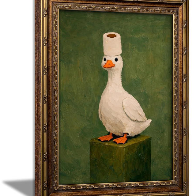 Vintage Gold Framed Duck Bathroom Wall Art,Retro Funny Goose Canvas Painting Picture Wall Decor,Whimsical Farmhouse Animal Poster Print Artwork,for Bathroom Bedroom Living Room Home Decoration,