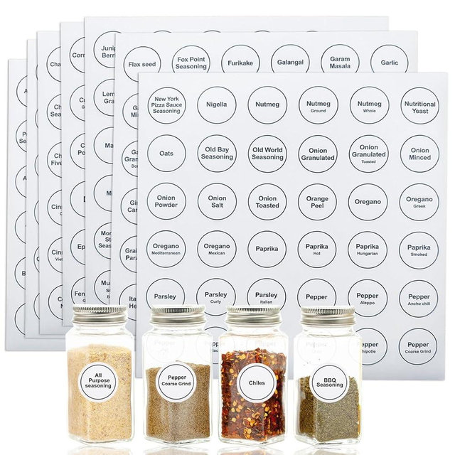 Spice Labels, 432Pcs Spice Labels Stickers 1.4in Waterproof Adhesive Round Preprinted Spice with Blank Label Black Tear Resistant Sticker for Kitchen Jars Caps Food Containers Organizers (White)